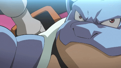 The battle is sort of fast forwarded to the main event, Charizard vs Blastoise. Charizard gets a face full of Blastoise's Hydro Pump.