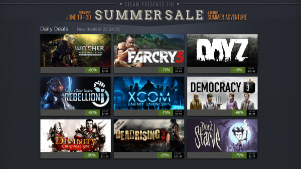 The Daily Deals are a handful of games that will be highlighted at the top of the Steam Summer Sale page. They will be available for 24 hours before changing to a new set.