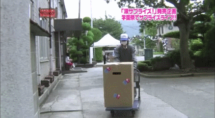 In this episode, the girls had to sneak into a school to perform a surprise show. Yuko Oshima was hiding in this box, but I guess she fell over when they hit the curb.