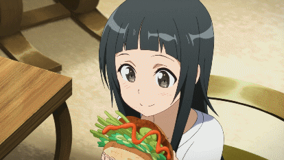 Yui tries Kirito's spicy sandwich.